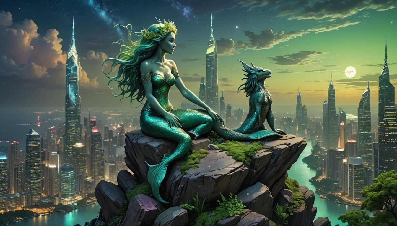 Mystical Mermaid with Colossal Stone Giant