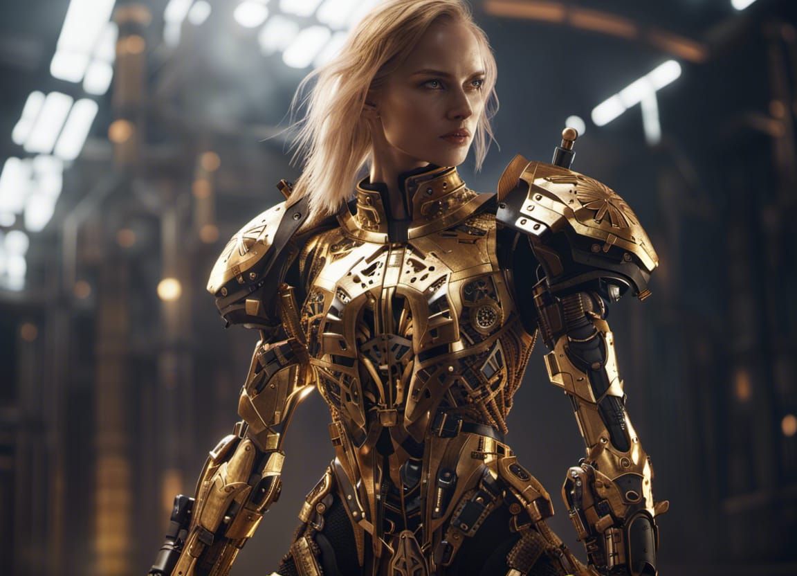 Futuristic Girl Warrior in Gold Armor with Sword