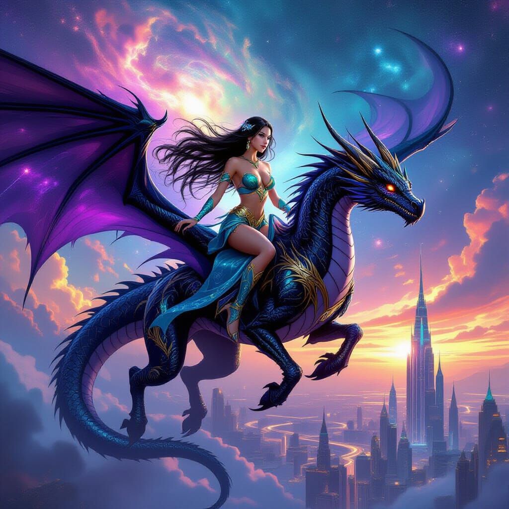 Woman Rides Dragon Through Cosmic Sky Above City