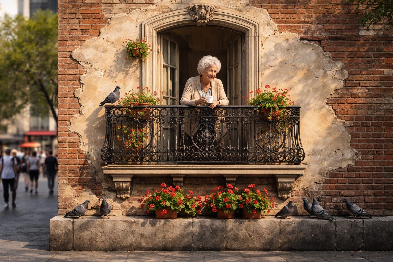 Parisian Balcony Trompe L'oeil Mural on Brick Wall