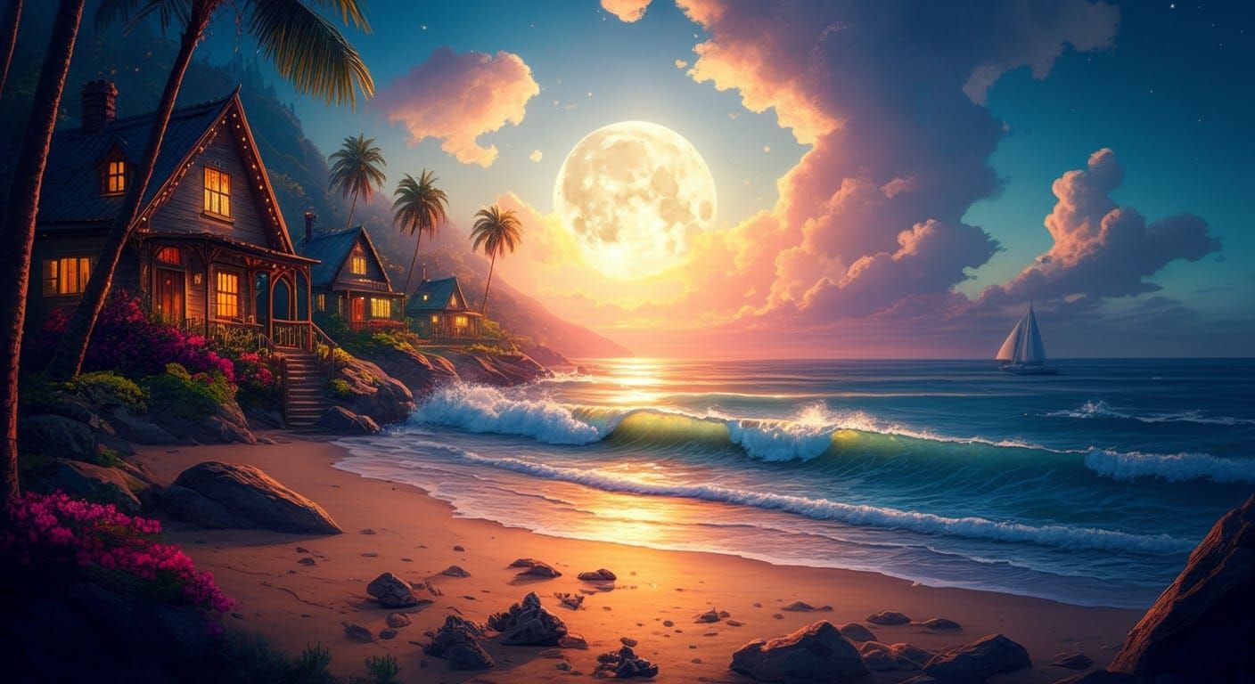Enchanting Moonlit Beach Utopia: AI Masterpiece