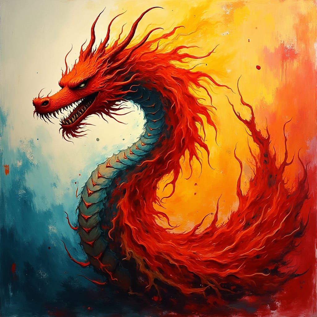 Abstract Dragon Exhaling Fire in Expressionist Style