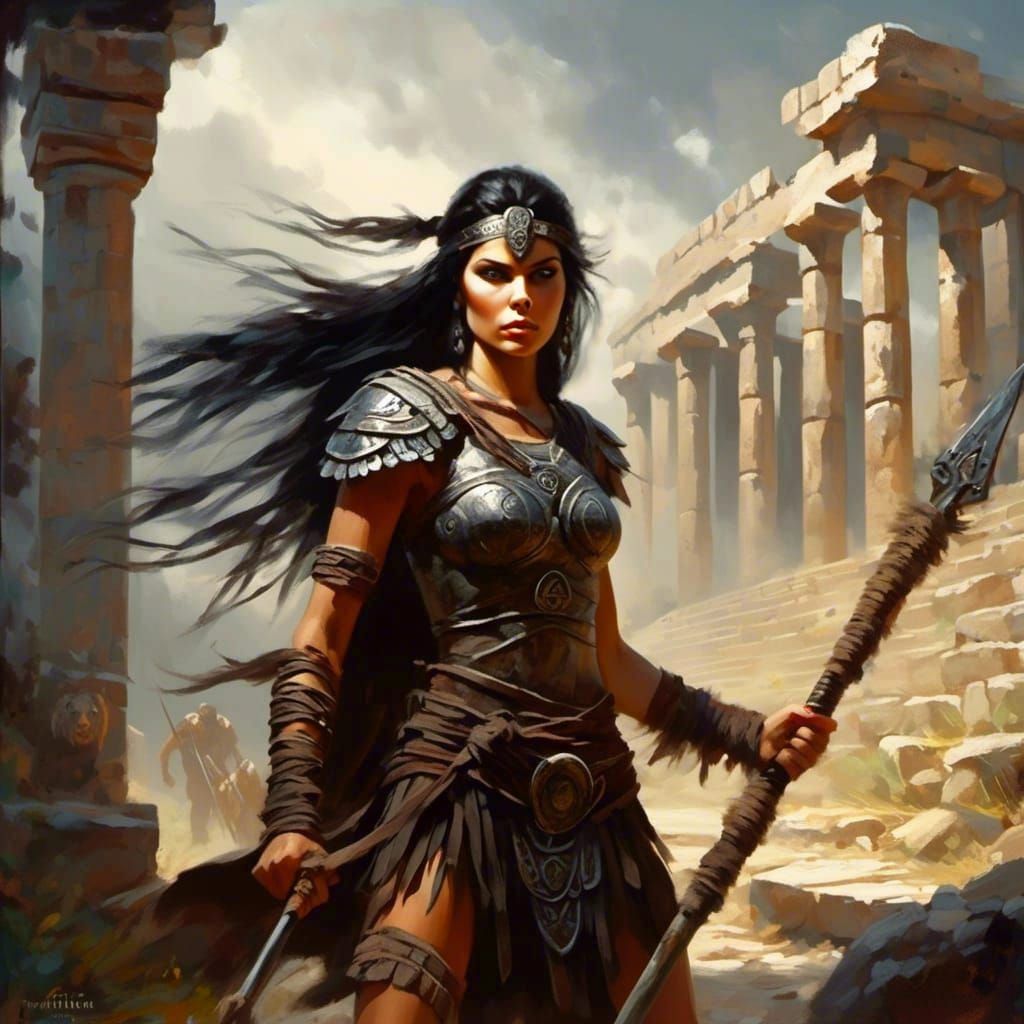 Barbarian Woman in Ancient Ruins, Luis Royo Style
