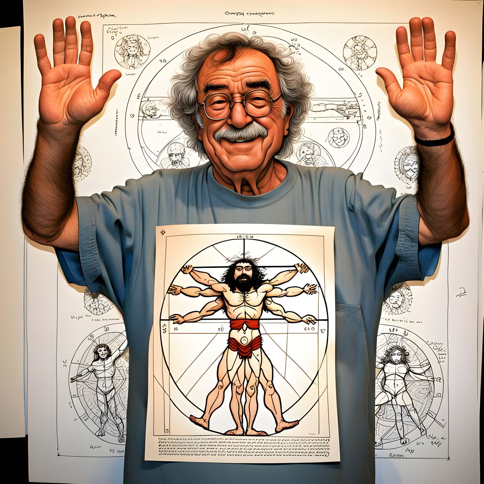 Humorous Vitruvian Man in Cartoon Style