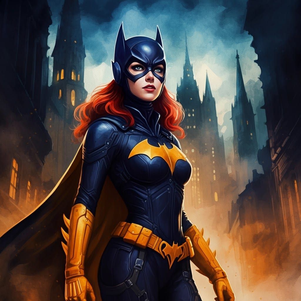 Heroic Batgirl in Gotham, Expressive Watercolor Painting