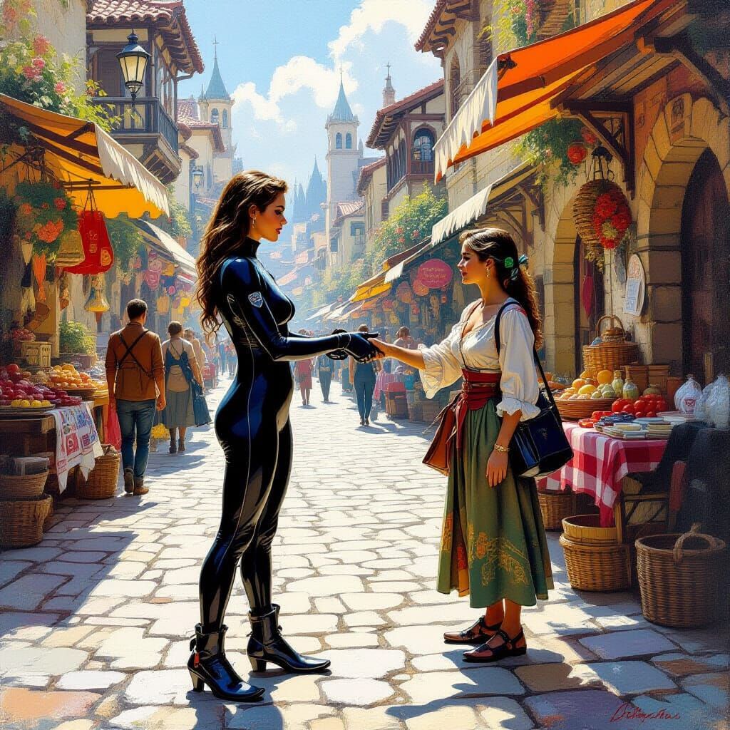 Fantasy Town Scuba Diver, Oil Painting Style