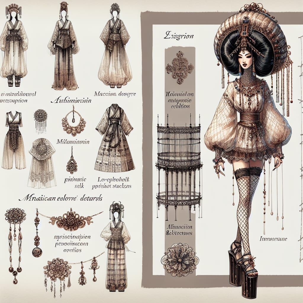 Asian-Crete Fusion Fashion Concept as Ink and Watercolor