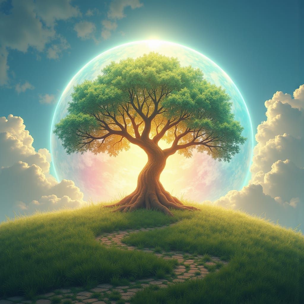 Gold Tree of Life in Iridescent Globe, Utopia