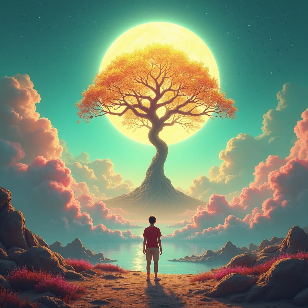 Surreal Gold Tree of Life Landscape in Ethereal Globe