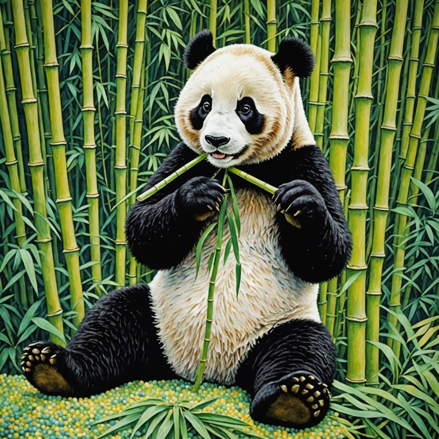 Pointillist Panda Bear Eating Bamboo in Signac Style
