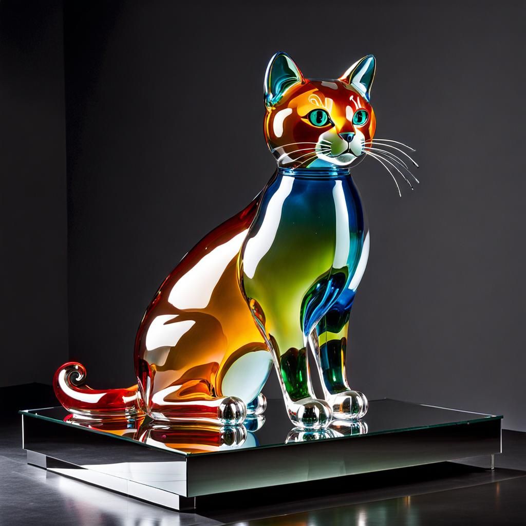 Transparent Blown Glass Cat Sculpture on Mirrored Platform