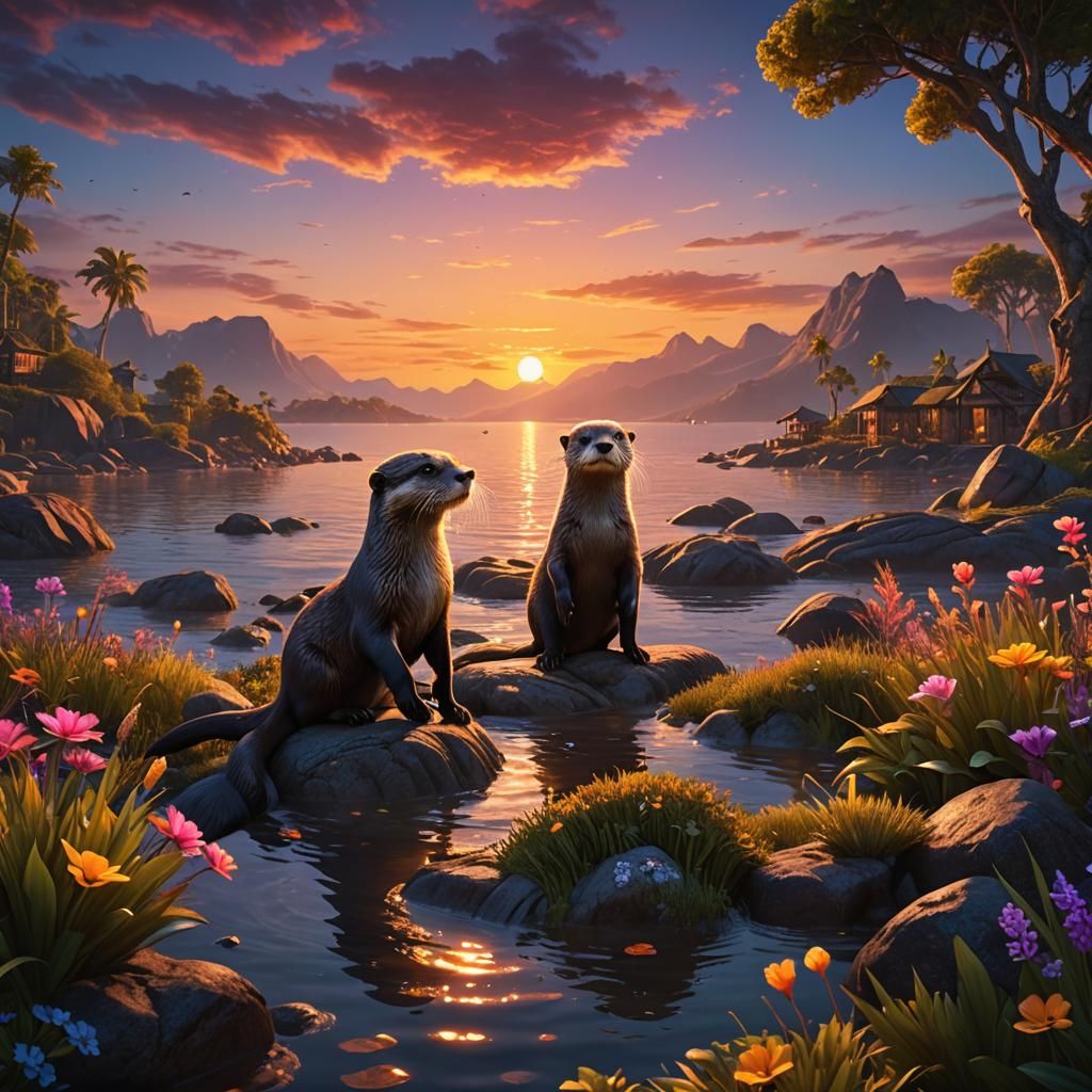 Playful Otter at Vivid Sunset: Fantasy Concept Art