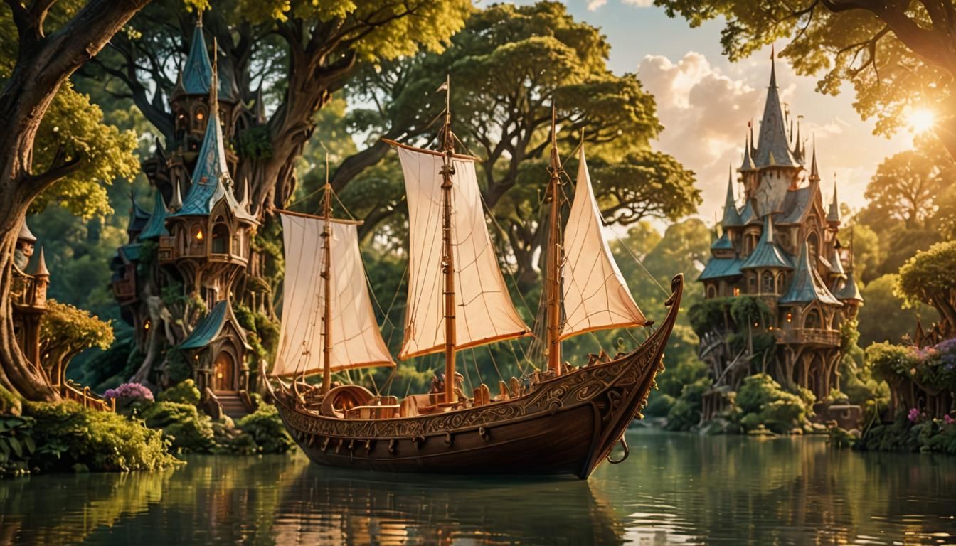 Elven Ship Sailing Through Forest Kingdom: Fantasy Photo