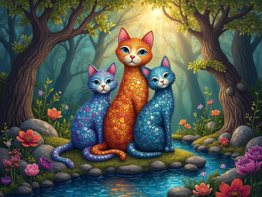 Whimsical Cat Totem Pole in Enchanted Forest