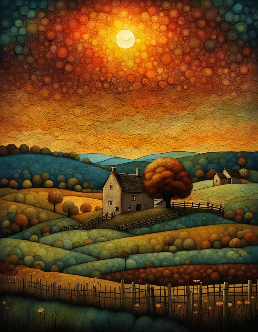 Cotswold Farm Sunset in Van Gogh Style