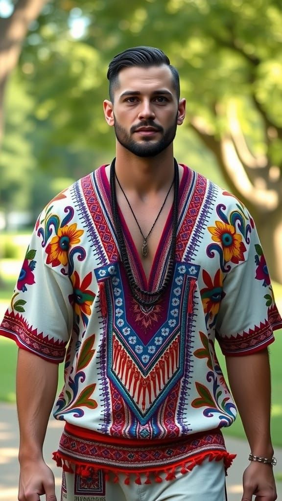 Hippie in Colorful Indian Crop-Top Walking Through Park
