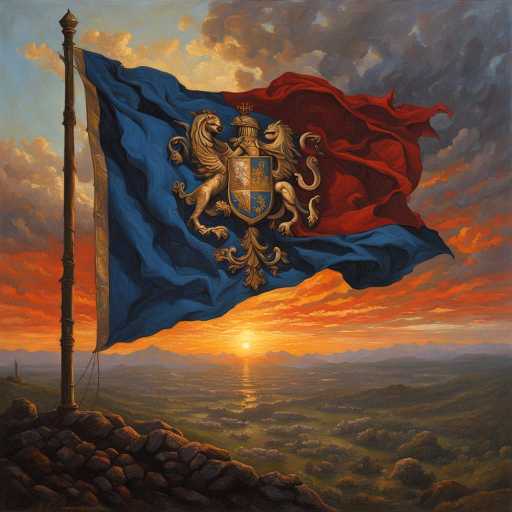 Renaissance Heraldry Flag Waves in Sunset Glory