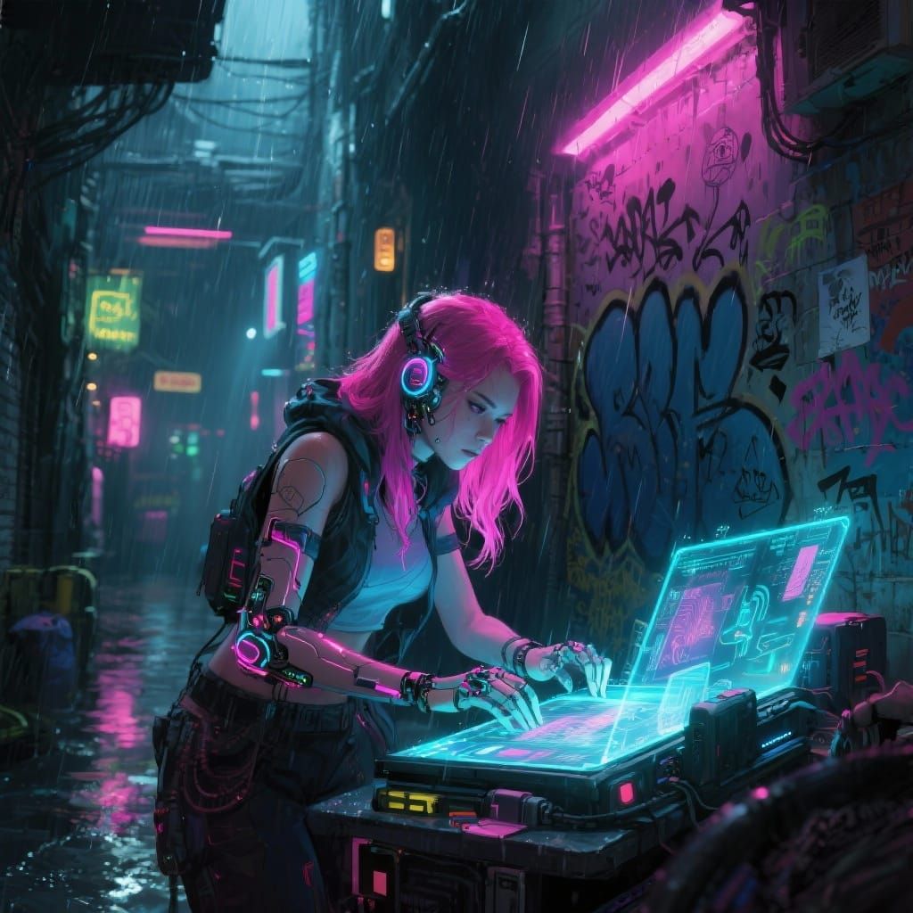 Female Hacker in Neon Alleyway, Cyberpunk Digital Art