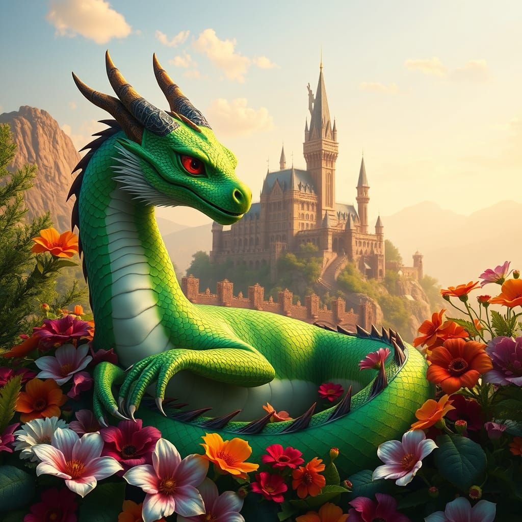 Surreal Fantasy Landscape with Majestic Dragon and Castle