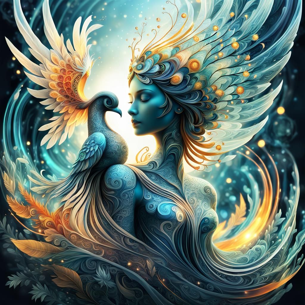 Magical Phoenix and Viking Woman in 3D