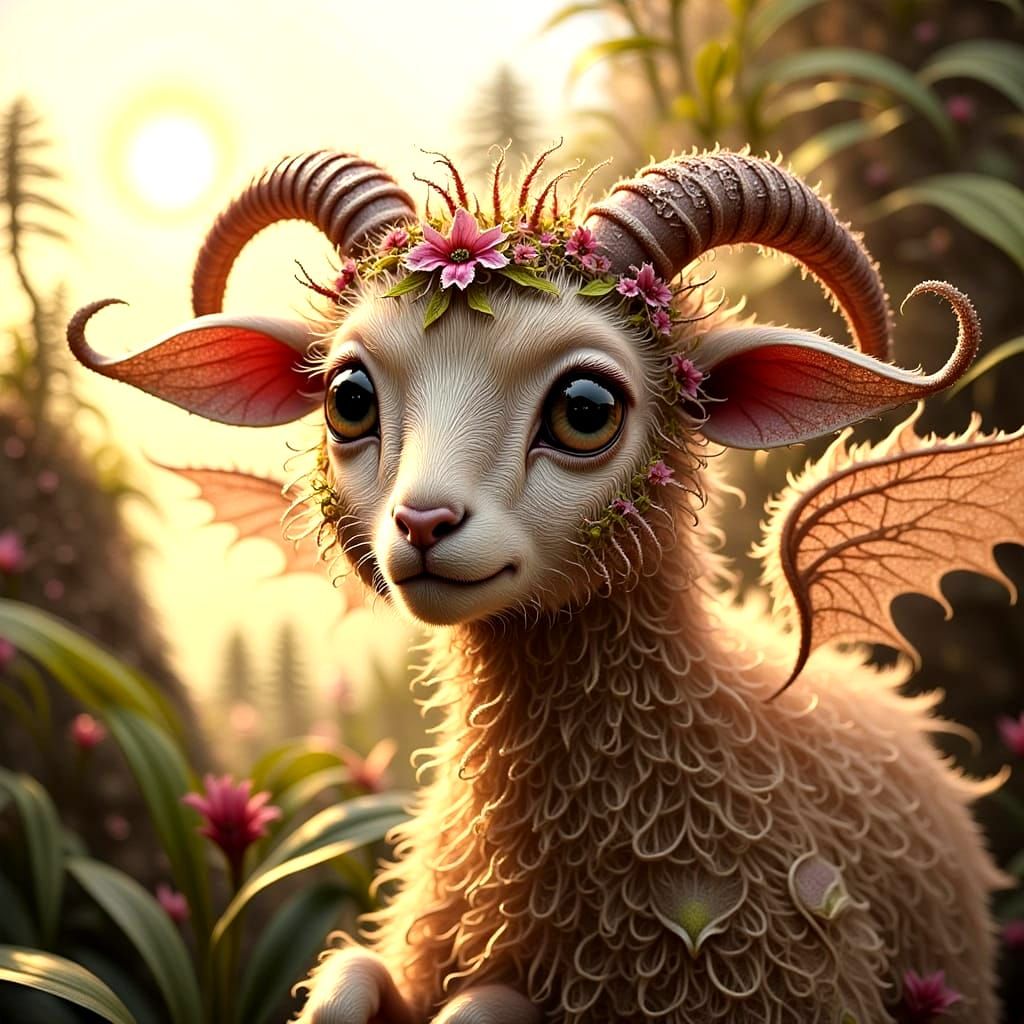 Scared Winged Lamb with Child Rider, Photorealistic