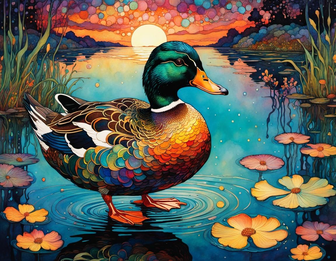 Whimsical Duck Illustration with Sunset Reflections