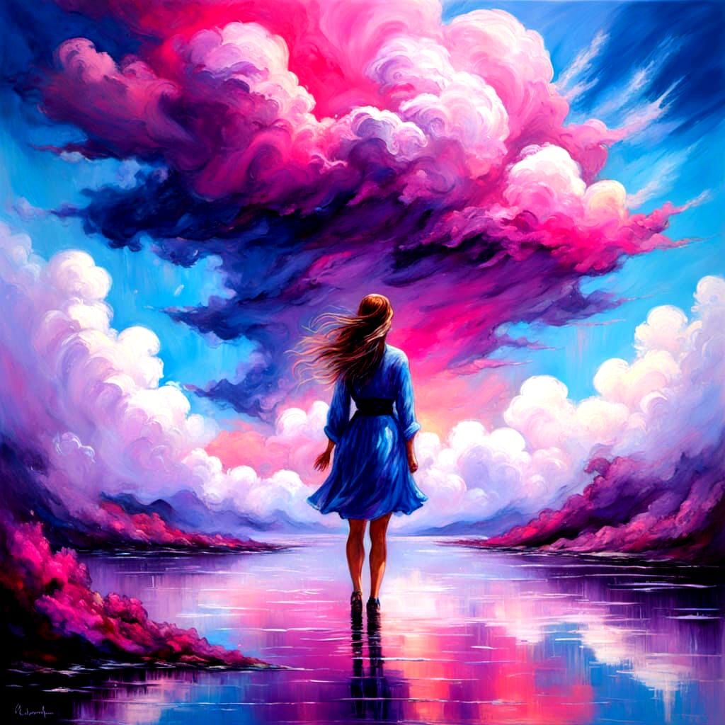 Woman Amidst Cosmic Clouds in Vibrant Pink Oil Painting