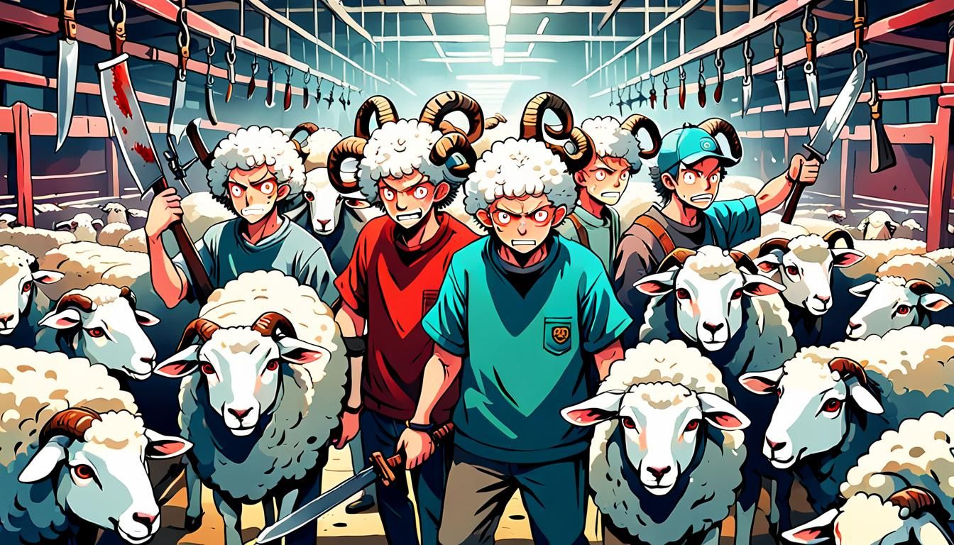 Cartoon Sheep-Headed Men in Slaughterhouse Scene