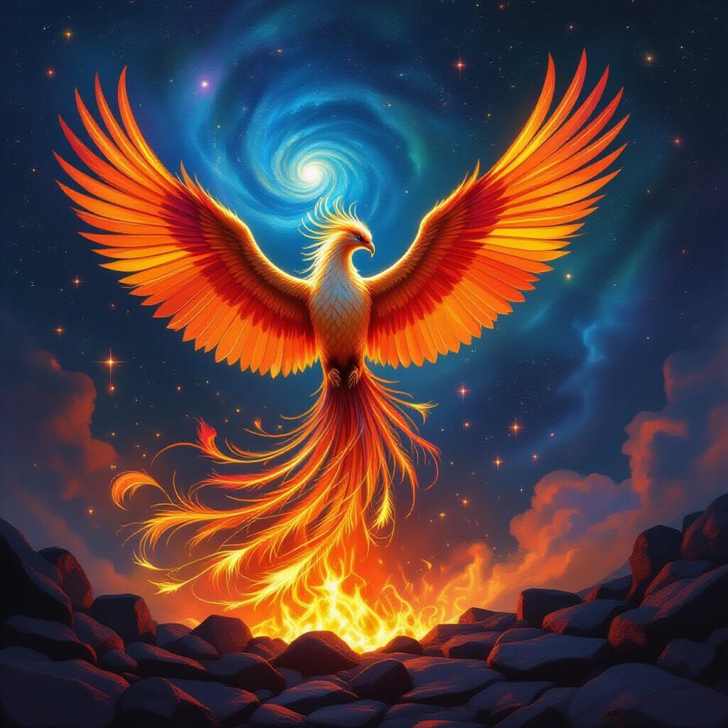 Majestic Phoenix Rises from Cosmic Embers in Fantasy Style