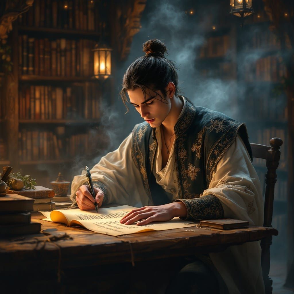 Medieval Scholar in Whimsical Library