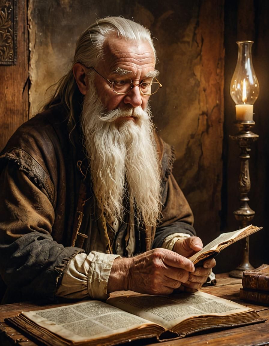 Wise Old Man Reads Ancient Book in Rembrandt Style