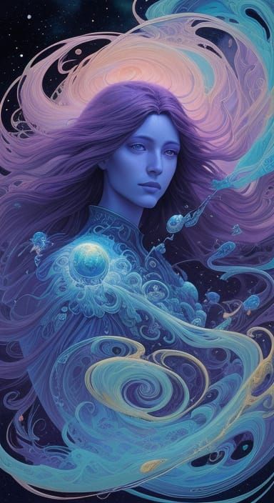 Art Nouveau Ethereal Woman Amidst Cosmic Shipwreck