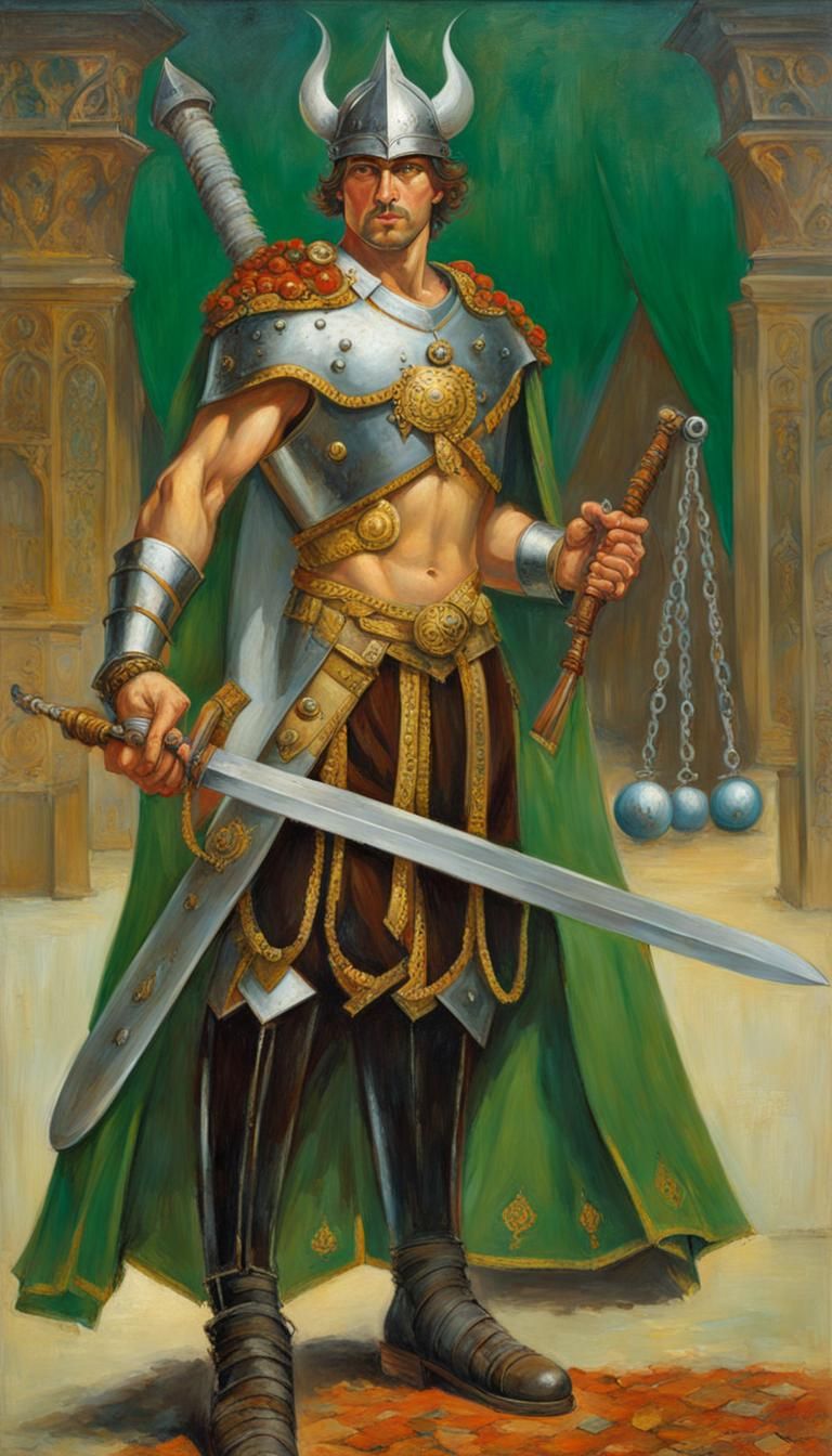 Armored Warrior with Flail, Oil Painting by Gurney