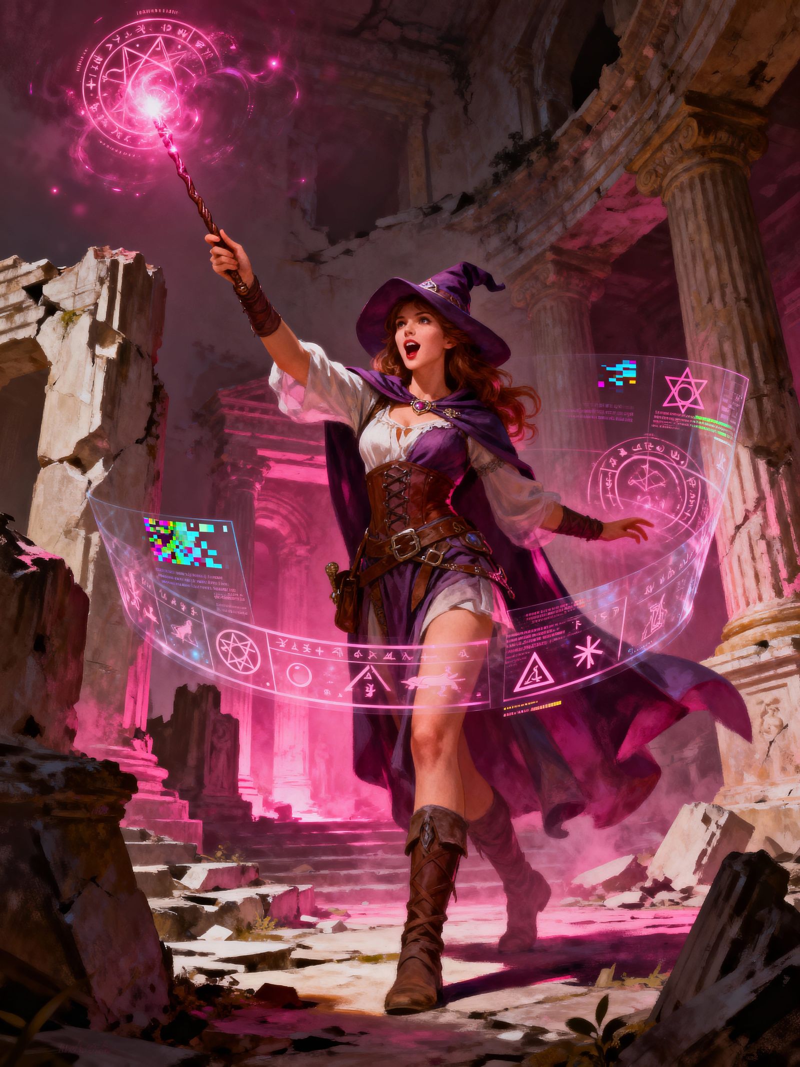 Wizard Casting Spell in Crumbling Temple