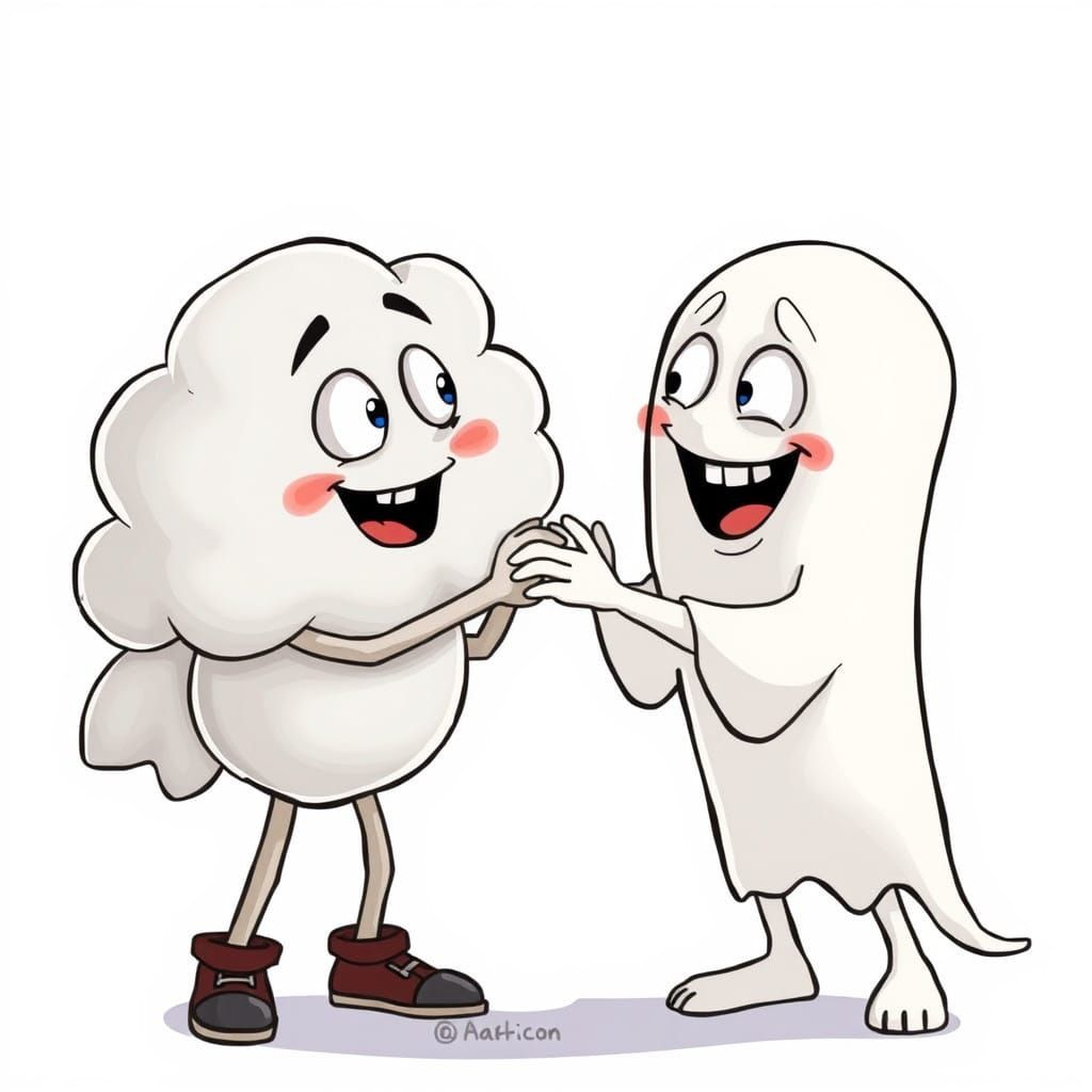 Whimsical Clouds and Ghosts Embrace in Playful Cartoon Style