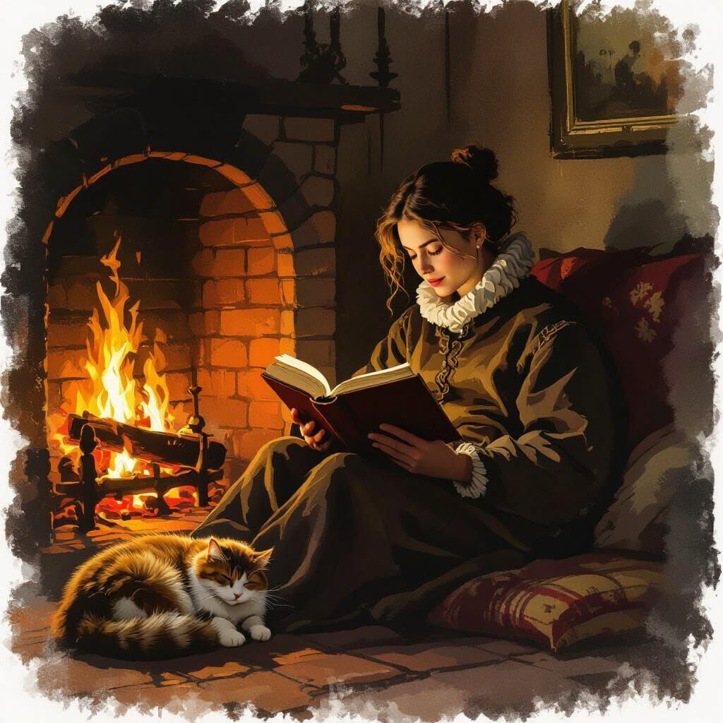 Cozy Reading Scene With Cat By Fireplace