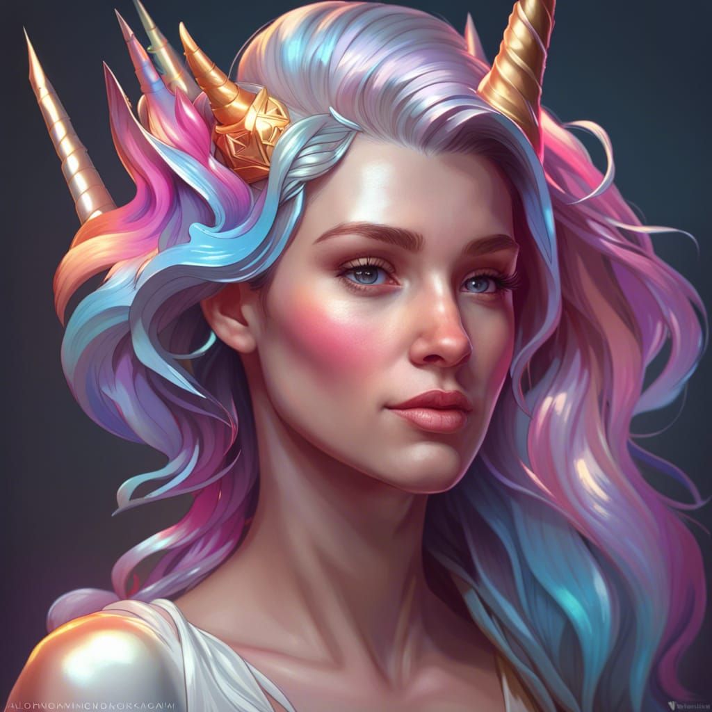 Unicorn Girl Portrait in Hyperdetailed Splash Art Style