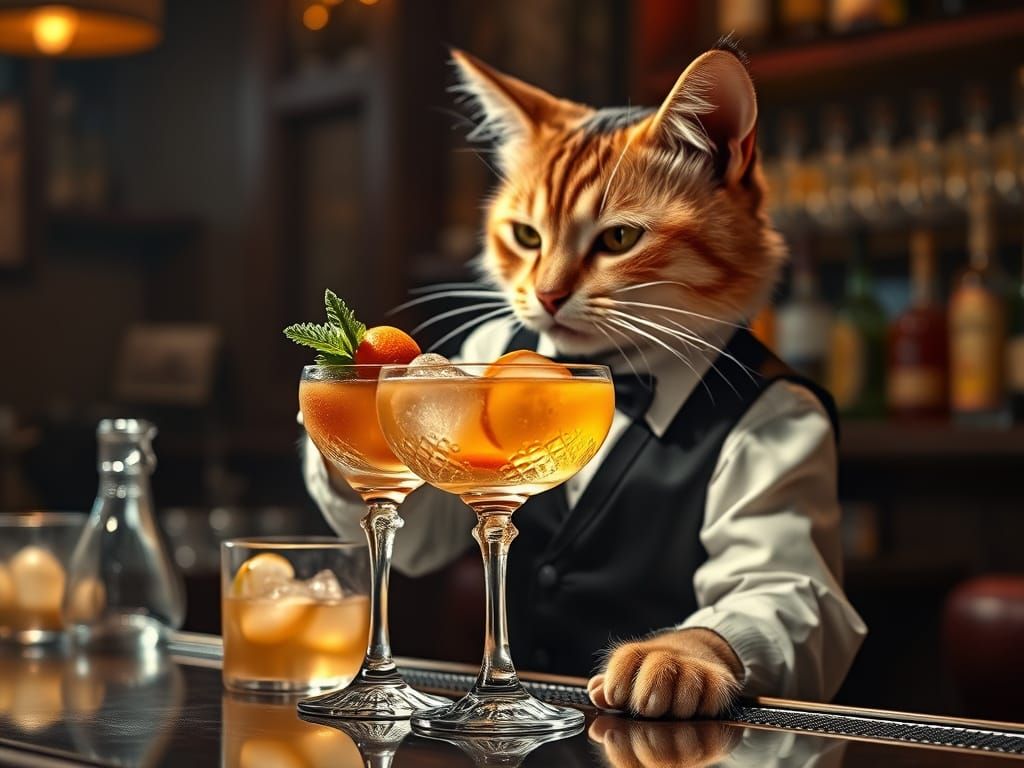 Anthropomorphic Cat Bartender Crafting Glowing Cocktail