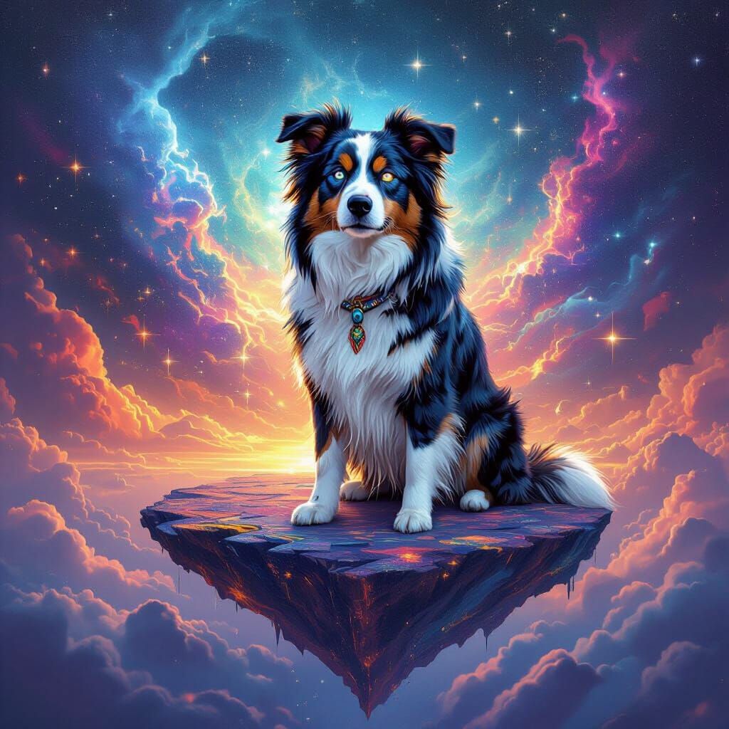 Border Collie Shaman on Floating Mesa in Astral Style