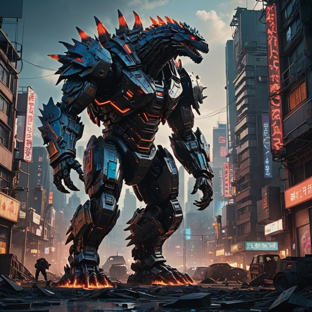 Cyberpunk Mecha Godzilla in Ruined Cityscape