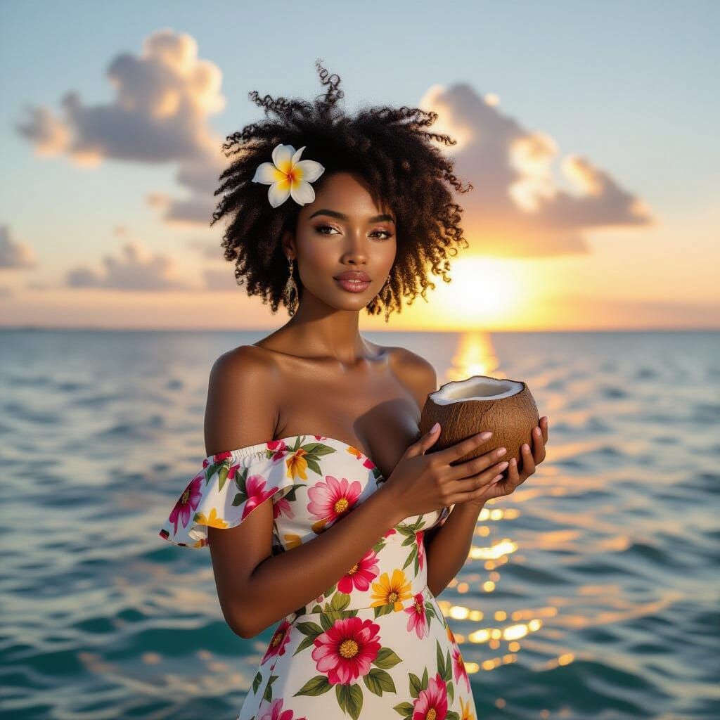 Caribbean Woman with Coconut at Sunset, Portraiture Style