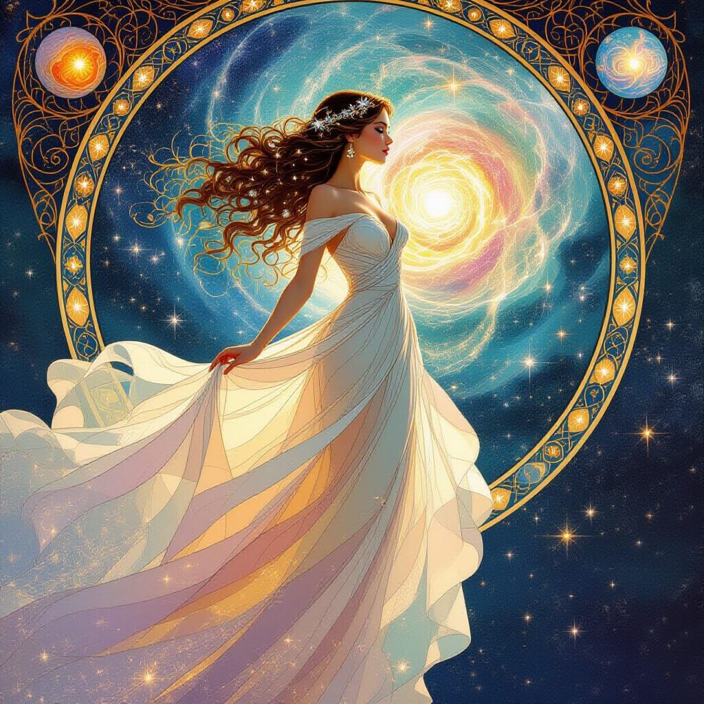 Cosmic Woman Emerges from Nebula in Ethereal Fantasy Style