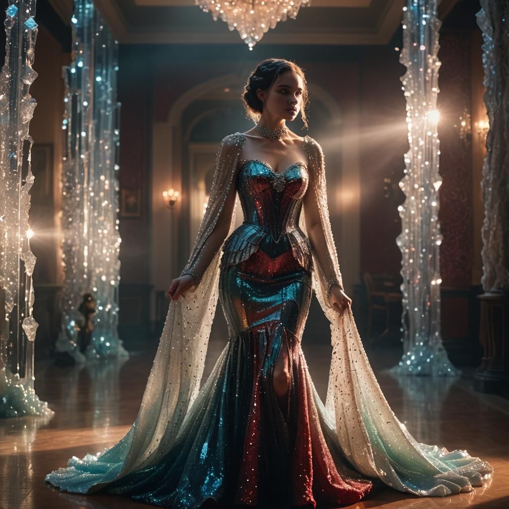 Crystal Mermaid Gown in Ballroom, Cinematic Fashion