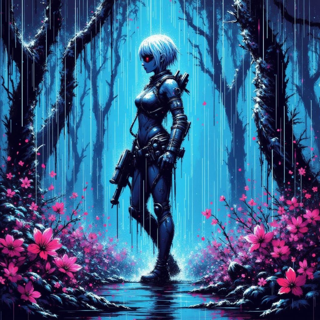 Cyberpunk Woman in Bioluminescent Forest