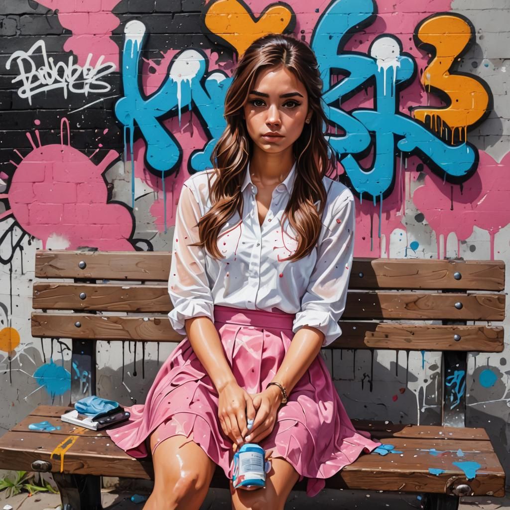 Latina Girl on Bench in Graffiti Street Art