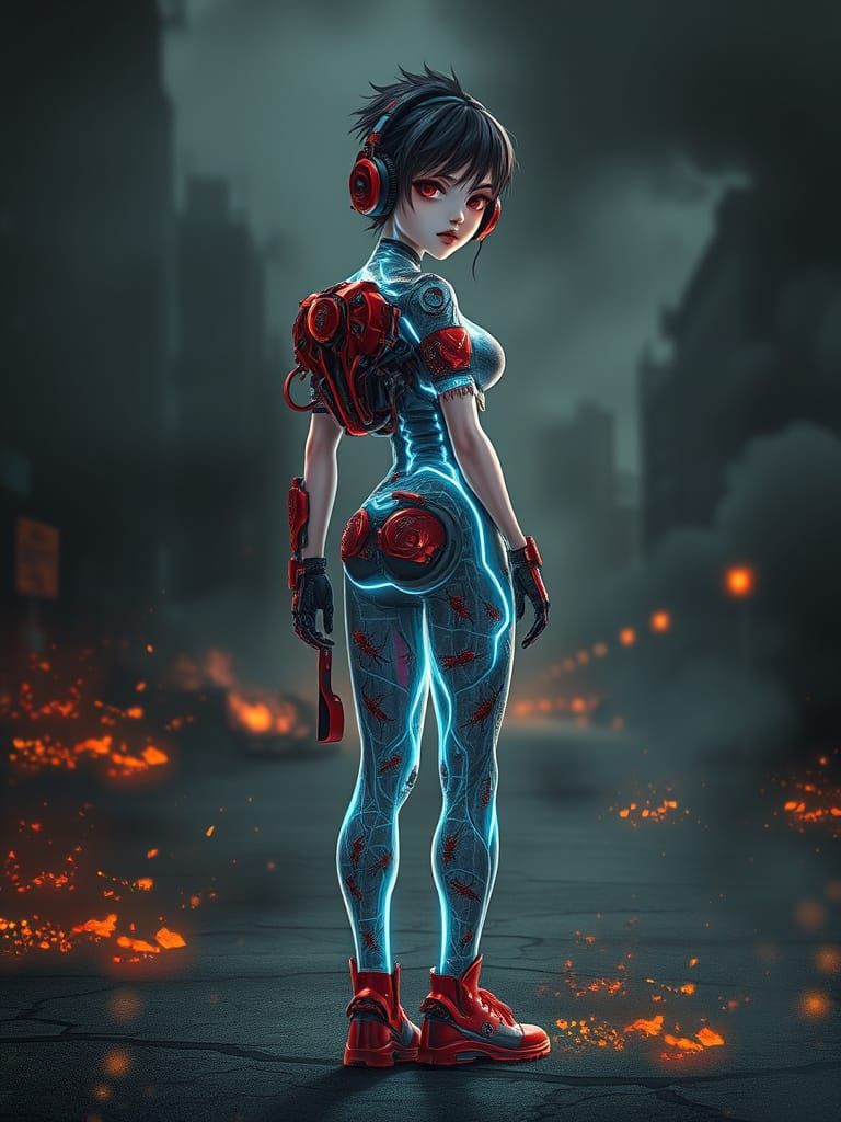 Cyberpunk Girl with Mecha Body in Burned Cityscape