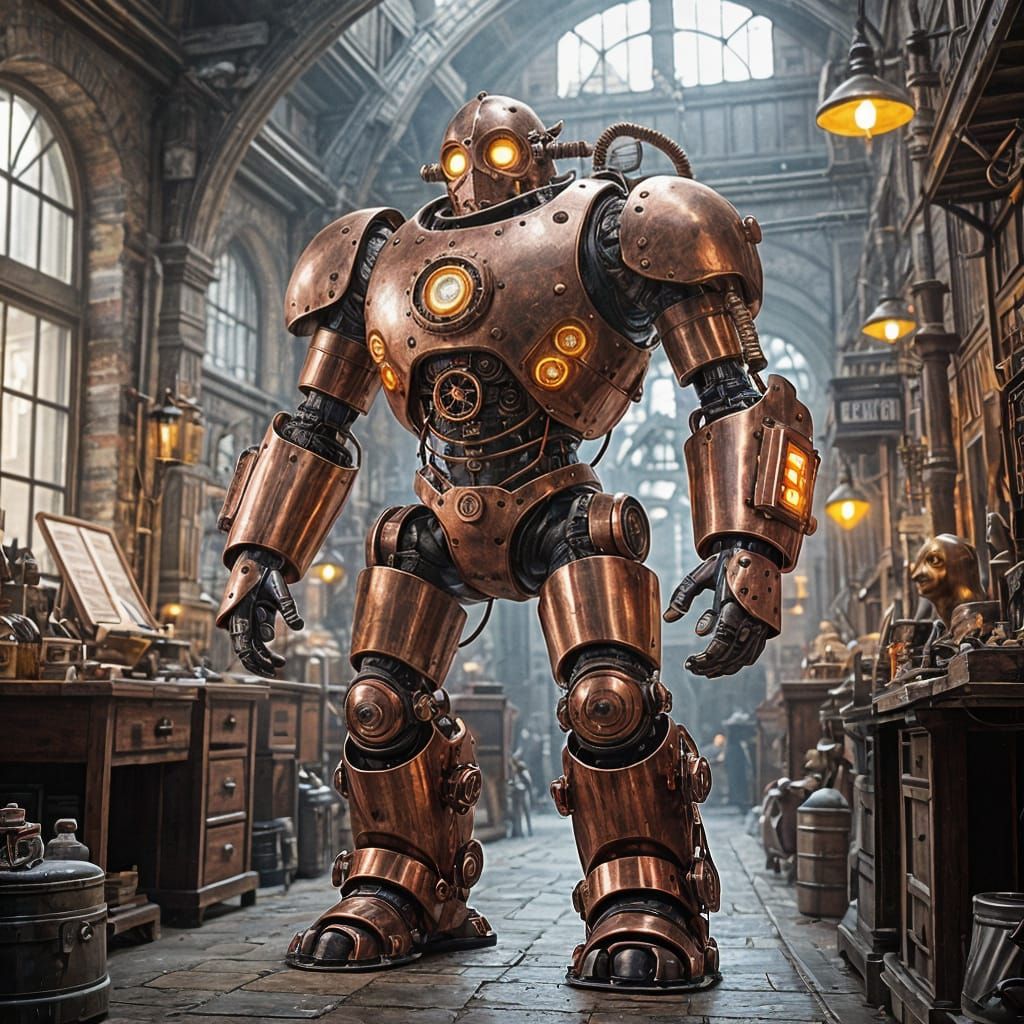 Steampunk Copper Golem in Industrial Setting