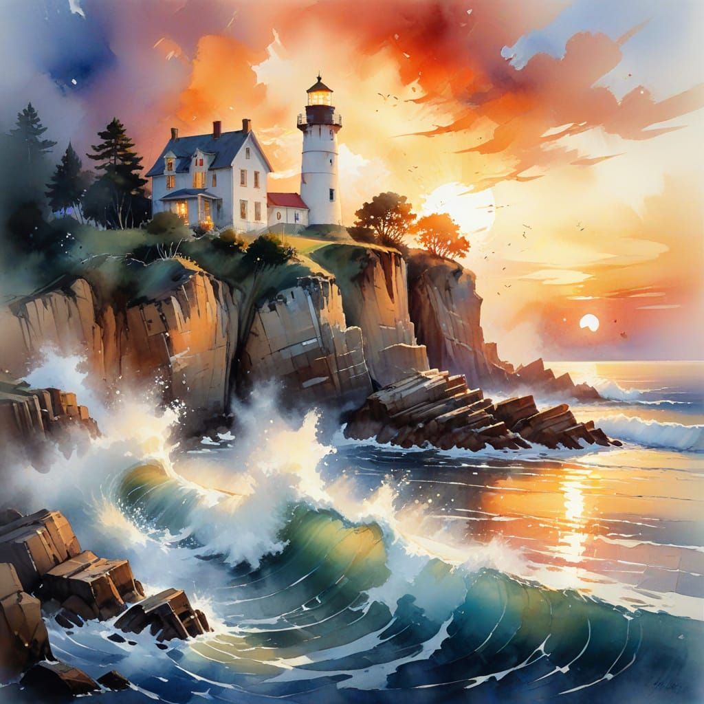 Majestic Cliffside Lighthouse Illuminated by Vibrant Sunset