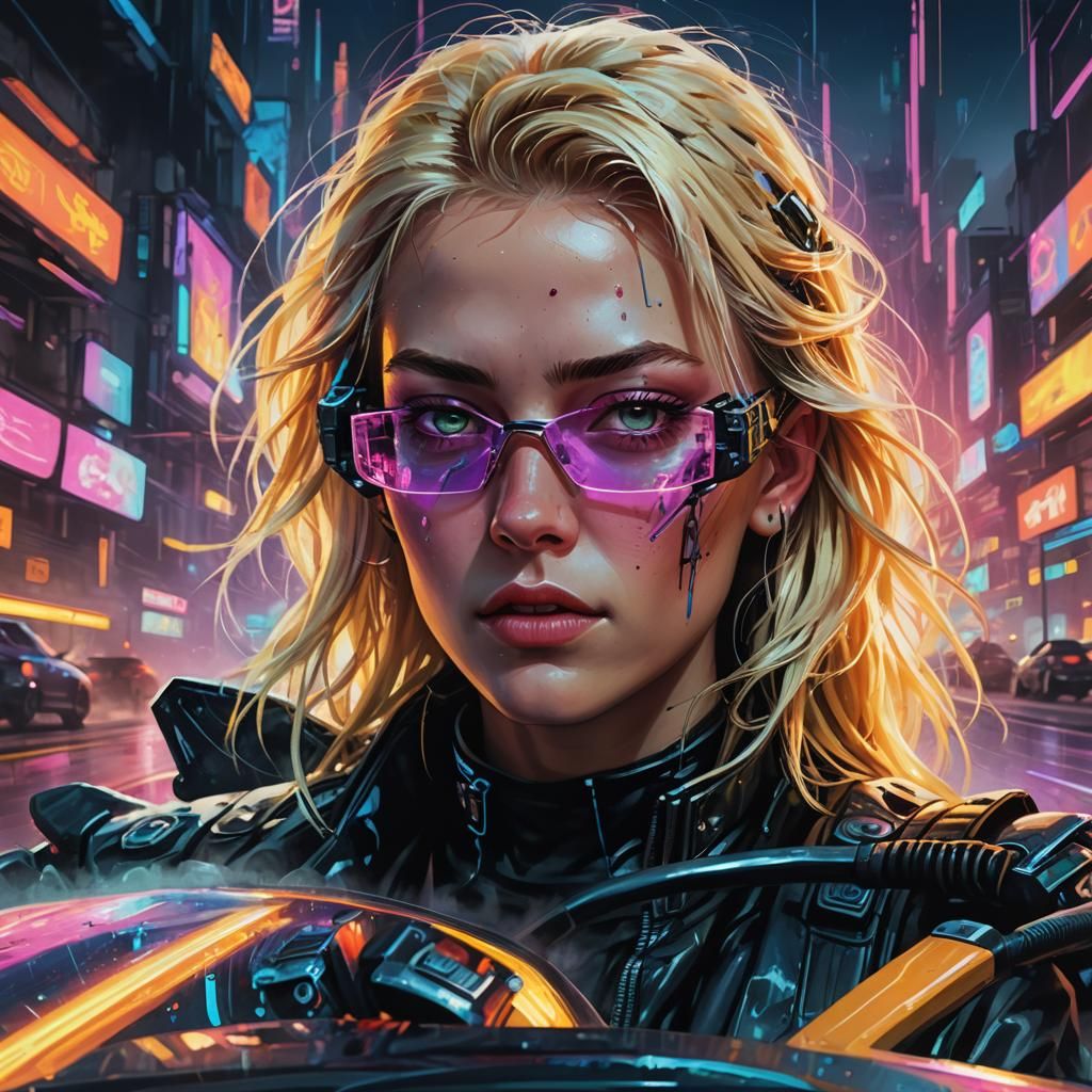 Cyberpunk Girl Races Futuristic Car in Oil Painting