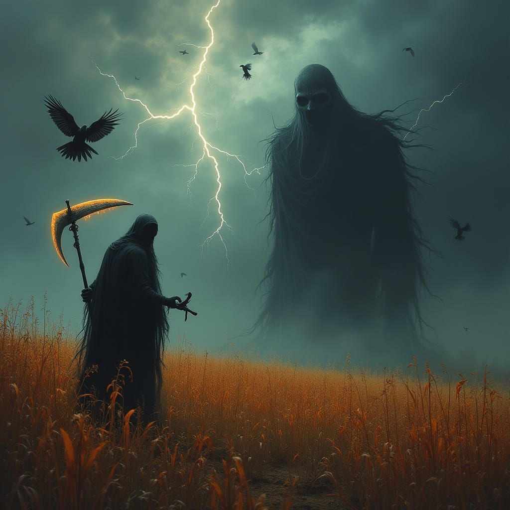 Spectral Reaper Harvests Autumn Fields in Dark Fantasy Reali...